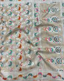 Silver butta border on ash white tissue Tussar Georgette saree