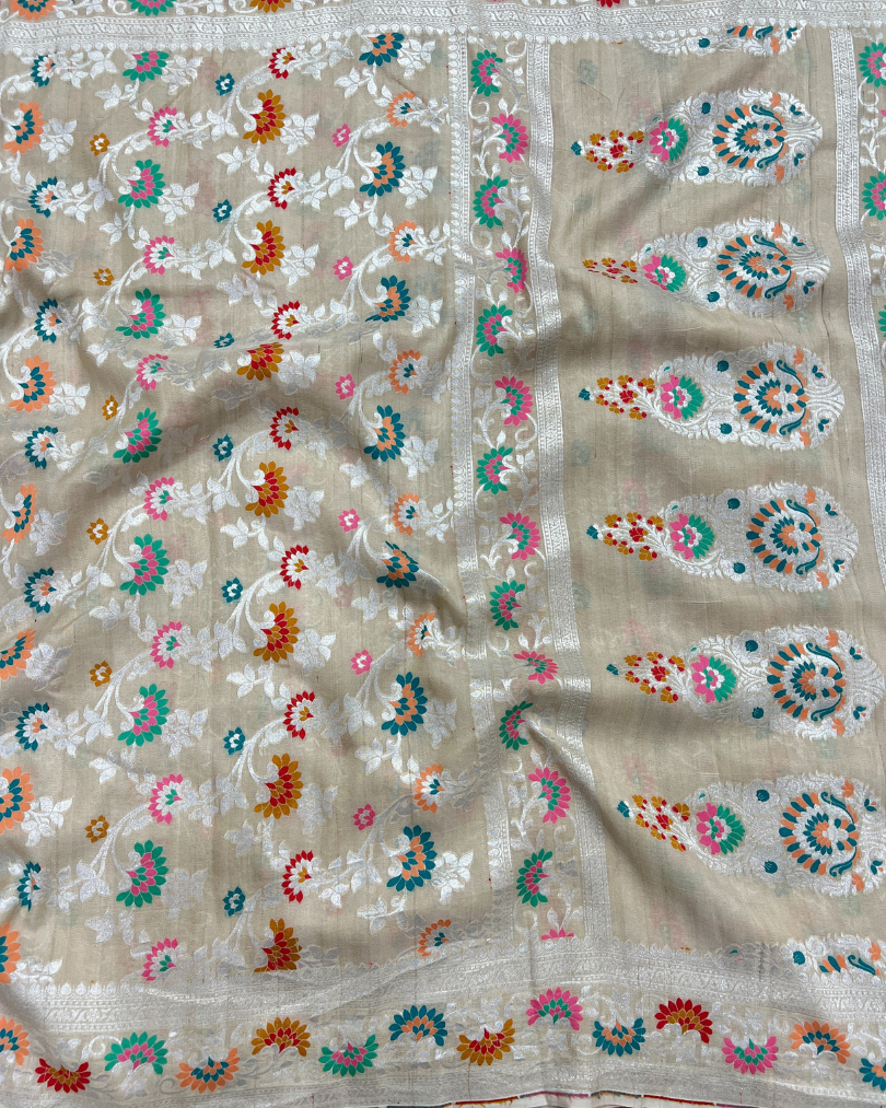 Silver butta border on ash white tissue Tussar Georgette saree