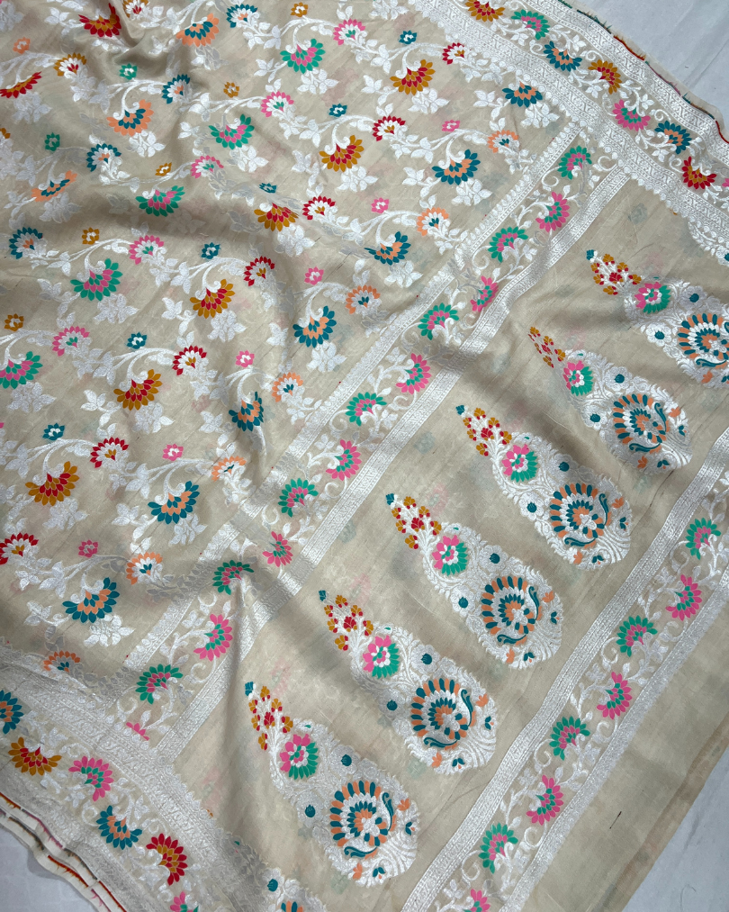 Ash white pure tissue Tussar Georgette Tilfi Banarasi saree