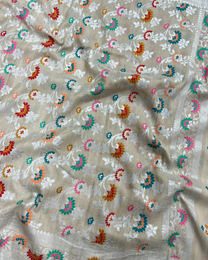 Close-up of Tilfi Meenakari floral jaal on ash white saree