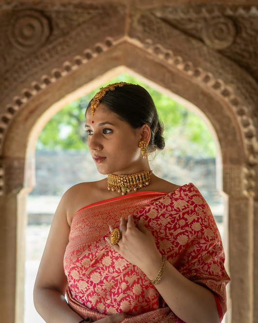 Royal Red Pure Katan Silk Banarasi Shikargah Handloom Saree