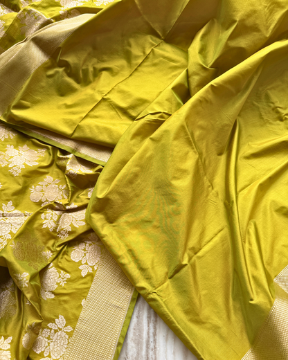 Yellow-Green Pure Banarasi Katan Silk Saree