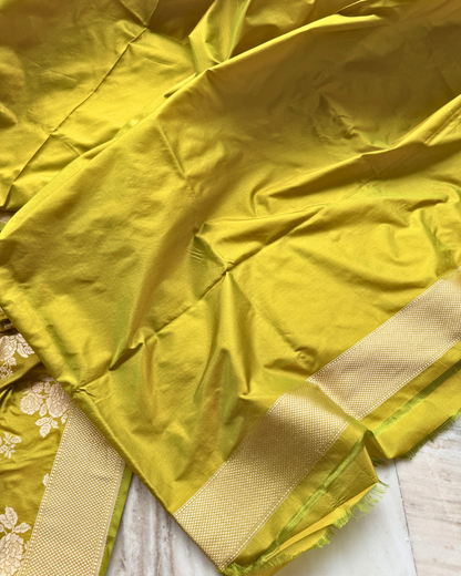 Yellow-Green Pure Banarasi Katan Silk Saree