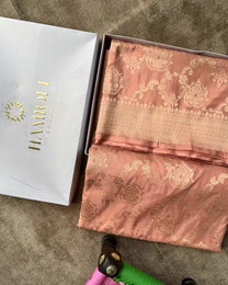 Dusty peach pure Katan silk Banarasi saree with golden floral motifs full drape