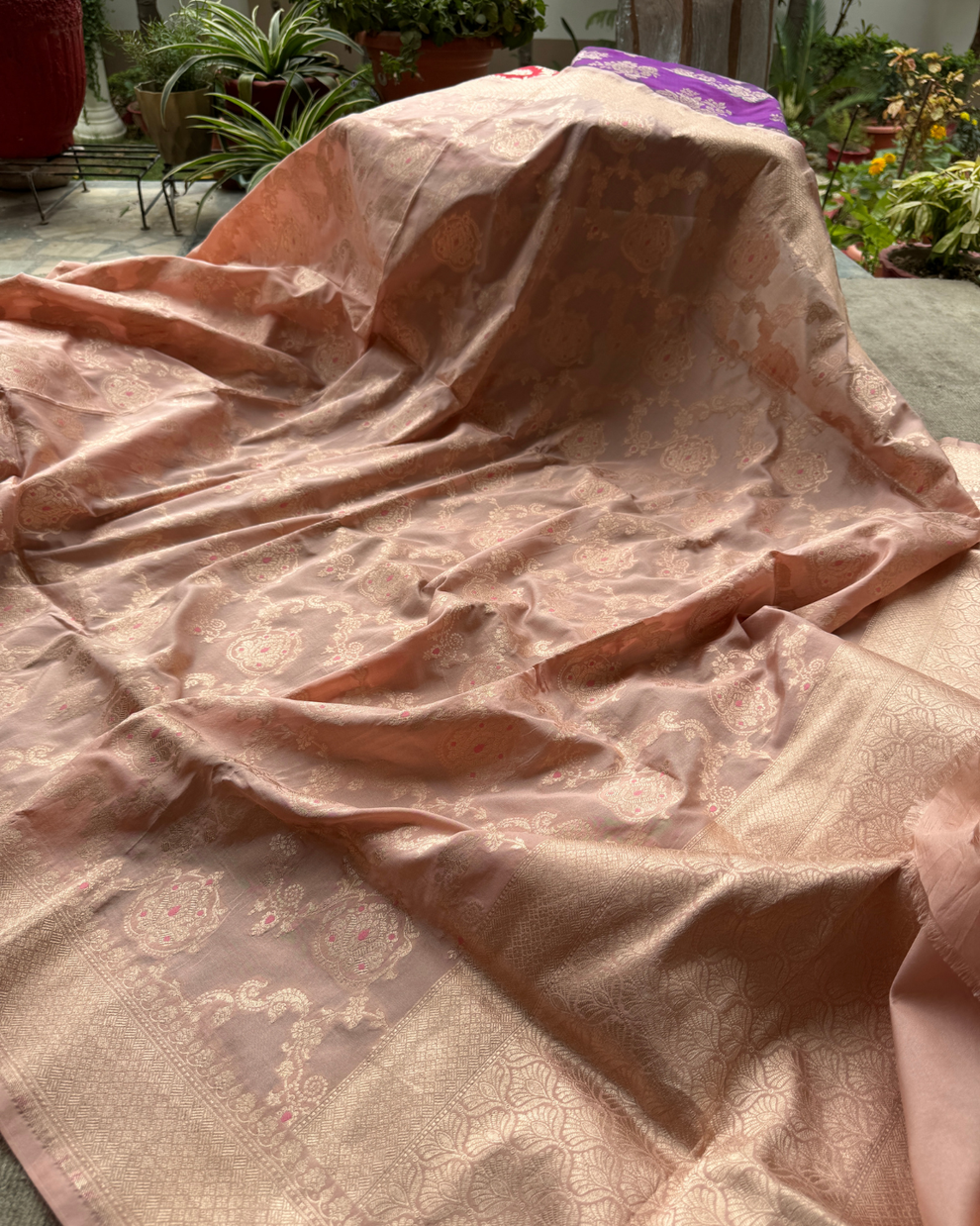 Minimal golden border and pallu detail of dusty peach pure Katan silk saree