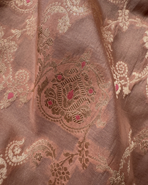 Artisan handloom craftsmanship of dusty peach Banarasi pure Katan saree