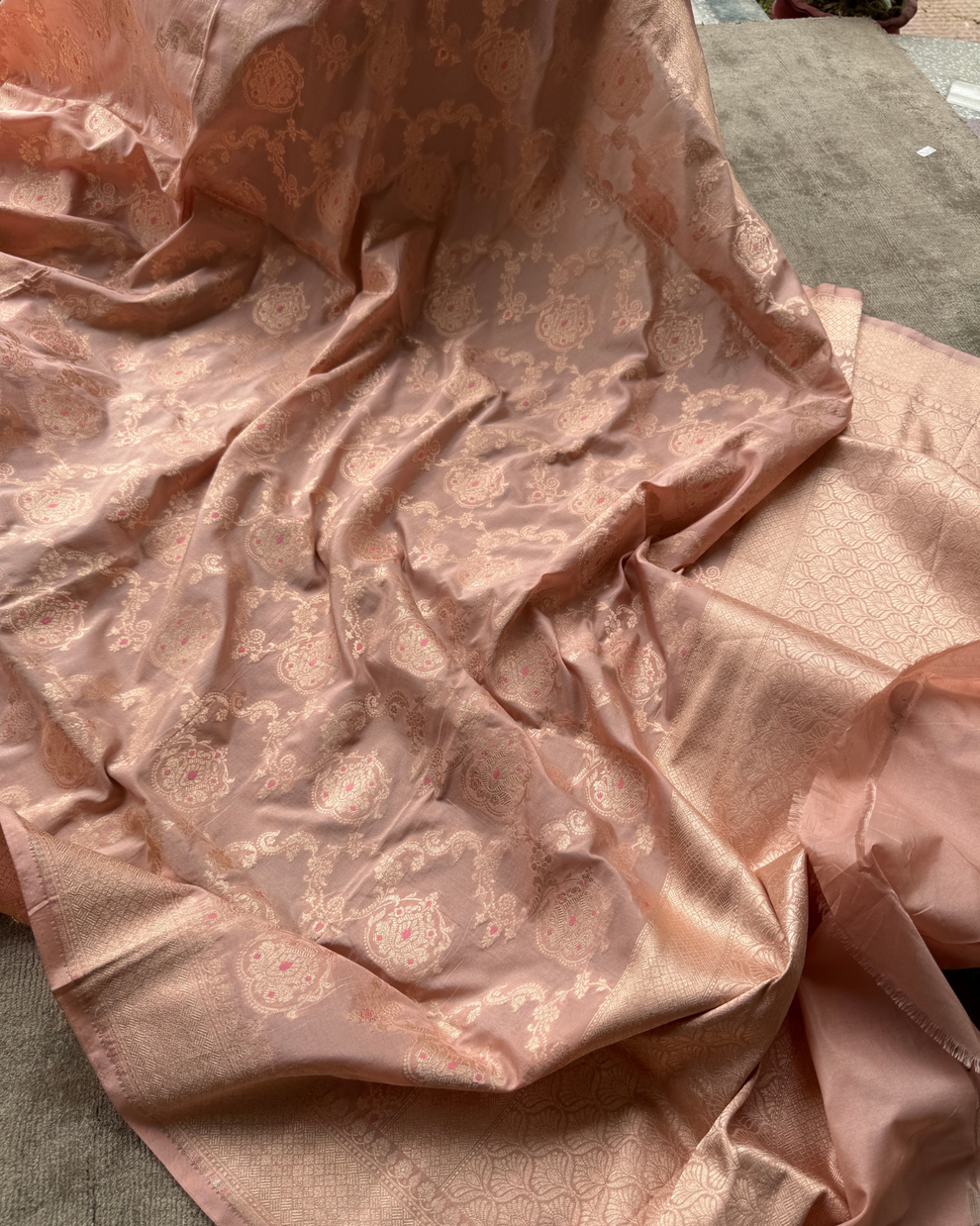 Full length view of elegant dusty peach handloom Banarasi Katan silk saree