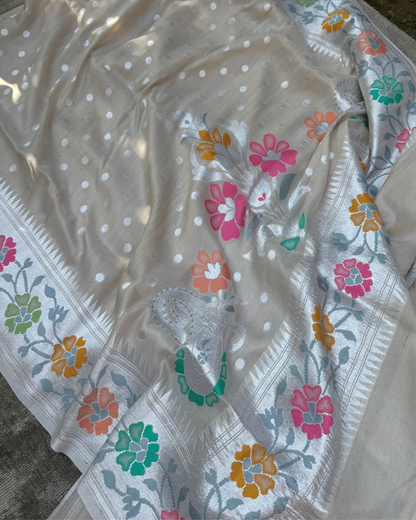 Ash White Pure Banarasi Tussar Georgette Saree