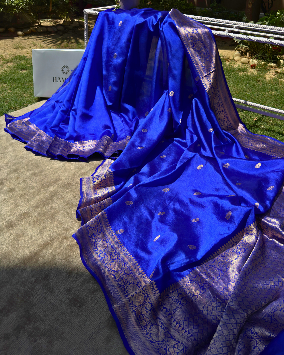 Dark blue pure Mulberry soft silk Banarasi saree with gold and silver bootas full drape