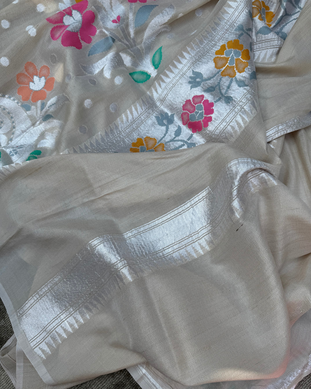 Full draped look of ash white pure Tussar Georgette festive Banarasi saree