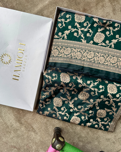 Dark Green Pure Banarasi Katan Silk Saree