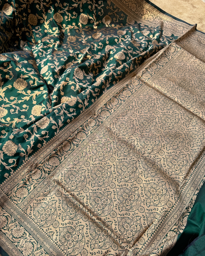 Dark Green Pure Banarasi Katan Silk Saree