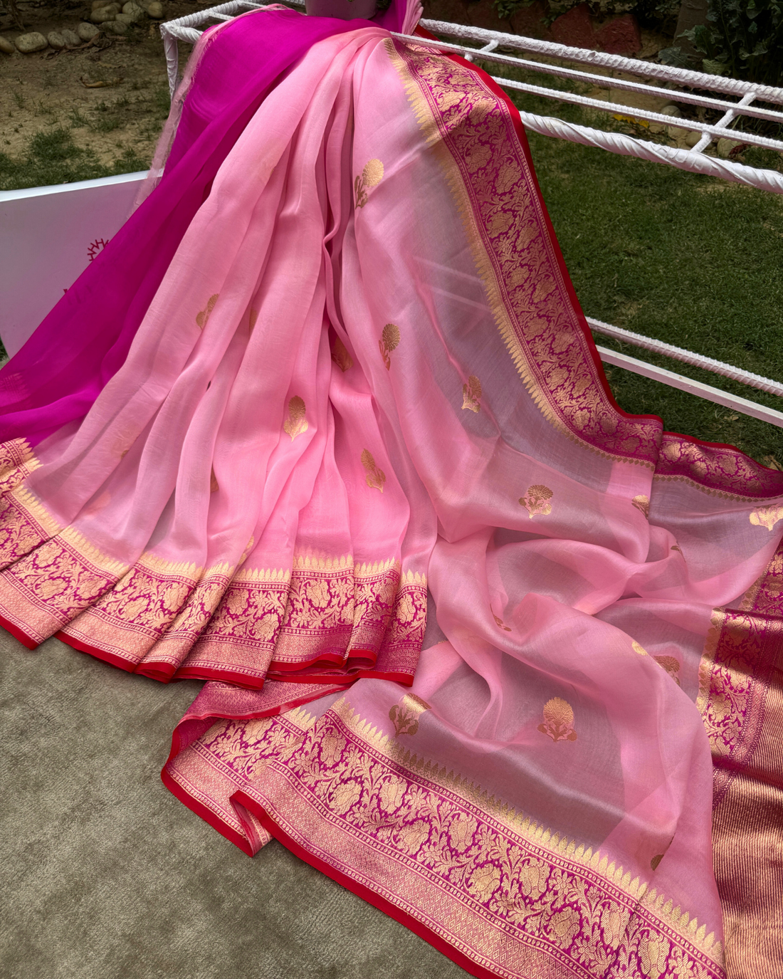 Pink pure Kora silk Banarasi saree with golden floral bootas full drape