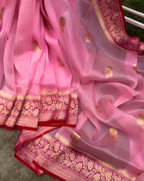 Handcrafted pink Kora silk Banarasi saree pallu with intricate zari