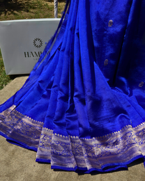 Artisan handloom craftsmanship on dark blue pure Mulberry soft silk saree
