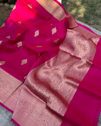 Draped pleats view of red pure Kora silk Banarasi handloom saree