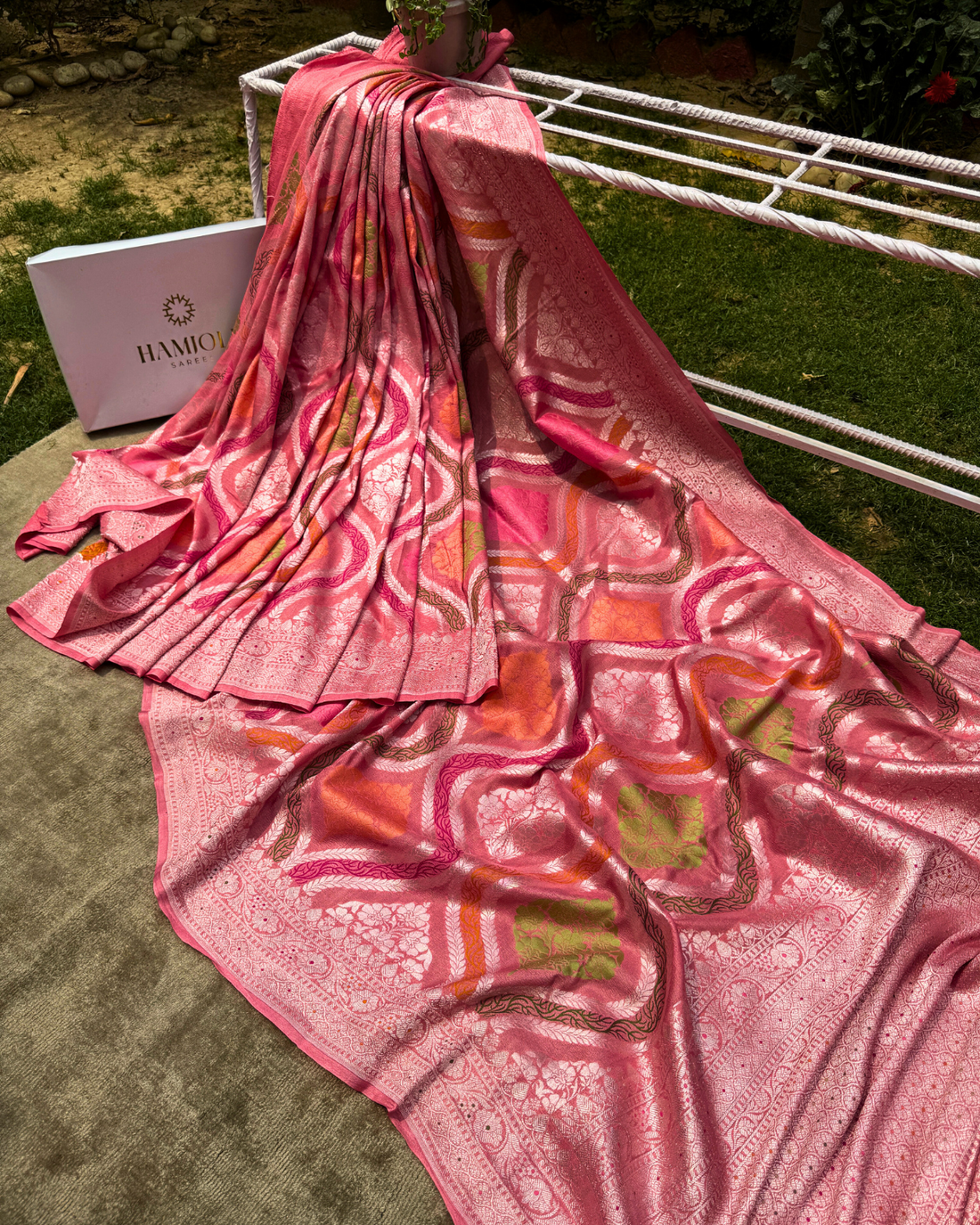 Dusty pink pure Tussar Georgette Banarasi saree with Meenakari motifs full drape