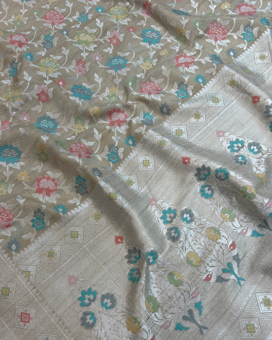 Tusser Georgette Ash White Banarasi Saree