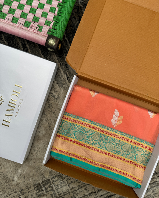 Peach Banarasi Handloom Double Kora Katan Handloom Saree