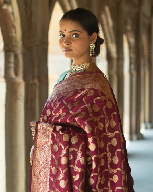 Maroon Katan Silk Banarasi Handloom Saree