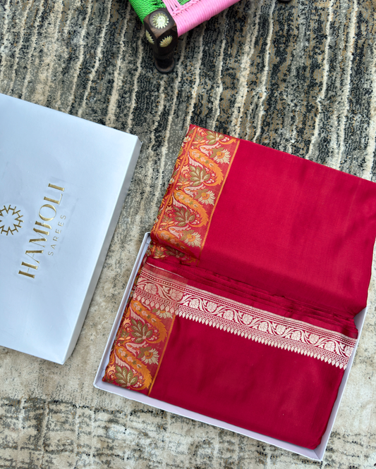 Red Pure Handloom Banarasi Mashru Silk Saree