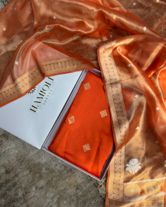 Orange Pure Silk Handloom Suit Set with Handwoven Dupatta