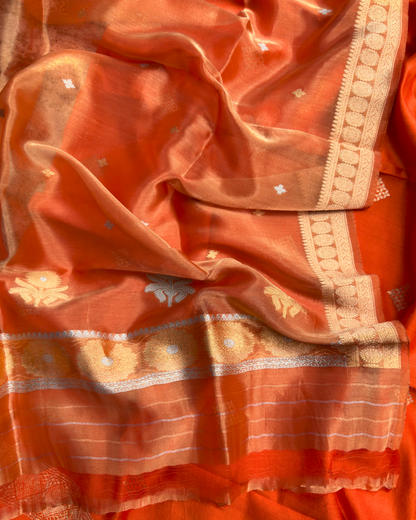 Orange Pure Silk Handloom Suit Set with Handwoven Dupatta