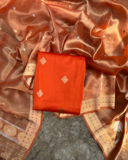 Orange Pure Silk Handloom Suit Set with Handwoven Dupatta