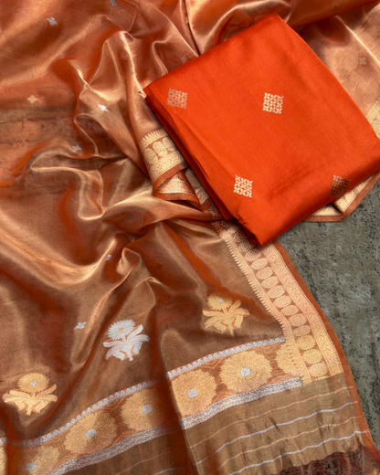 Orange Pure Silk Handloom Suit Set with Handwoven Dupatta