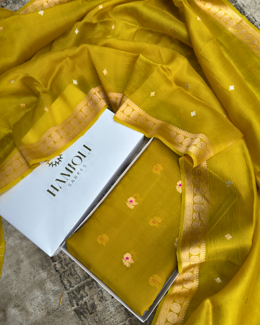 Yellow Pure Banarasi Kora Silk Meenakari Suit Set with Dupatta