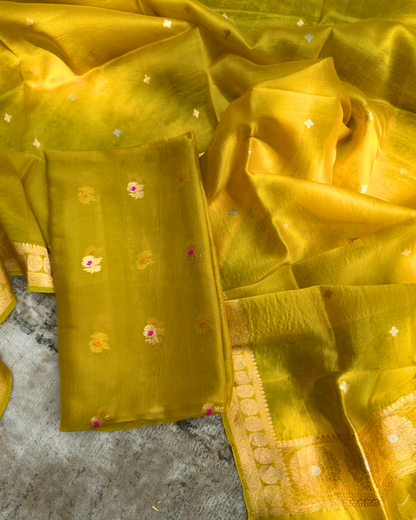 Yellow Pure Banarasi Kora Silk Meenakari Suit Set with Dupatta