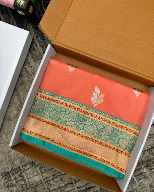 Peach Banarasi Handloom Double Kora Katan Handloom Saree