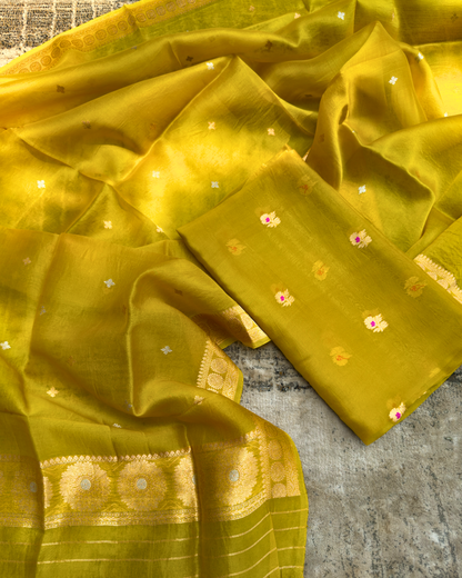 Yellow Pure Banarasi Kora Silk Meenakari Suit Set with Dupatta