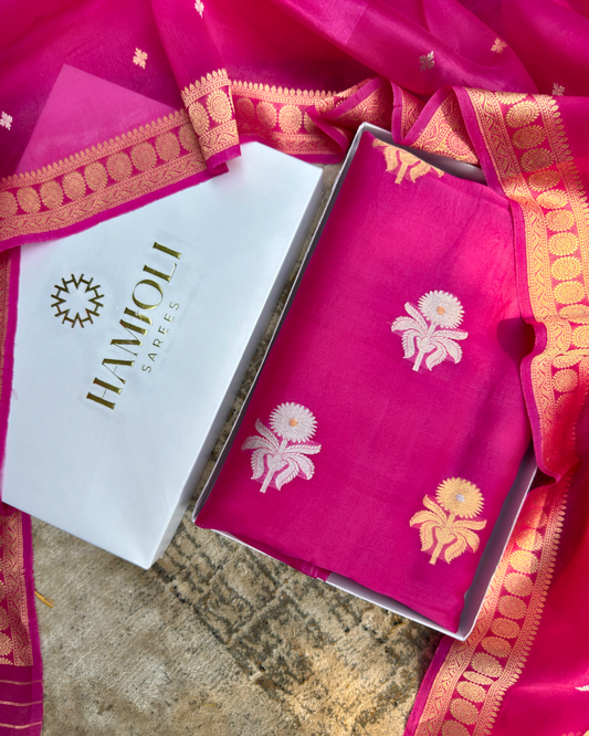Pink Pure Banarasi Kora Silk Suit Set with Dupatta