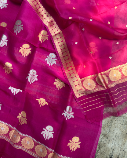 Pink Pure Banarasi Kora Silk Suit Set with Dupatta