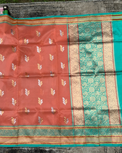 Peach Banarasi Handloom Double Kora Katan Handloom Saree