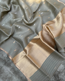 Zari border and pallu design of grey pure Kora silk Banarasi handloom saree