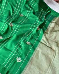Pallu detailing on green pure Mulberry soft silk Banarasi saree