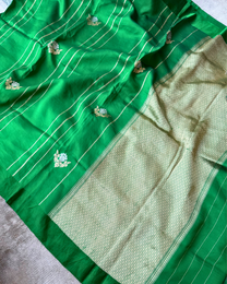Full drape of green pure Mulberry soft silk Banarasi saree