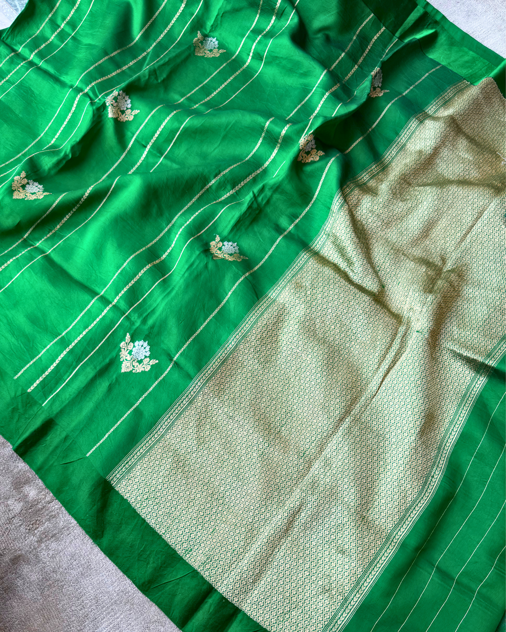 Full drape of green pure Mulberry soft silk Banarasi saree