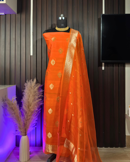 Orange Pure Banarasi Mercerised Kora Handloom Kadwa Suit Set with Dupatta