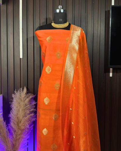 Orange Pure Banarasi Mercerised Kora Handloom Kadwa Suit Set with Dupatta