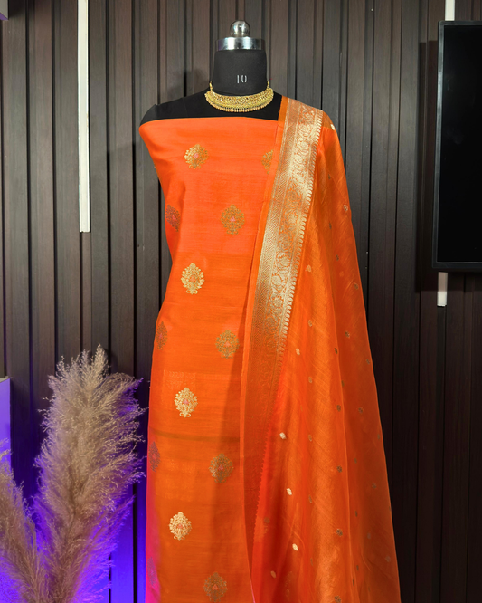 Orange Pure Banarasi Mercerised Kora Handloom Kadwa Suit Set with Dupatta