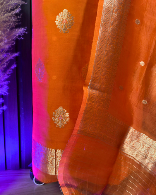 Orange Pure Banarasi Mercerised Kora Handloom Kadwa Suit Set with Dupatta