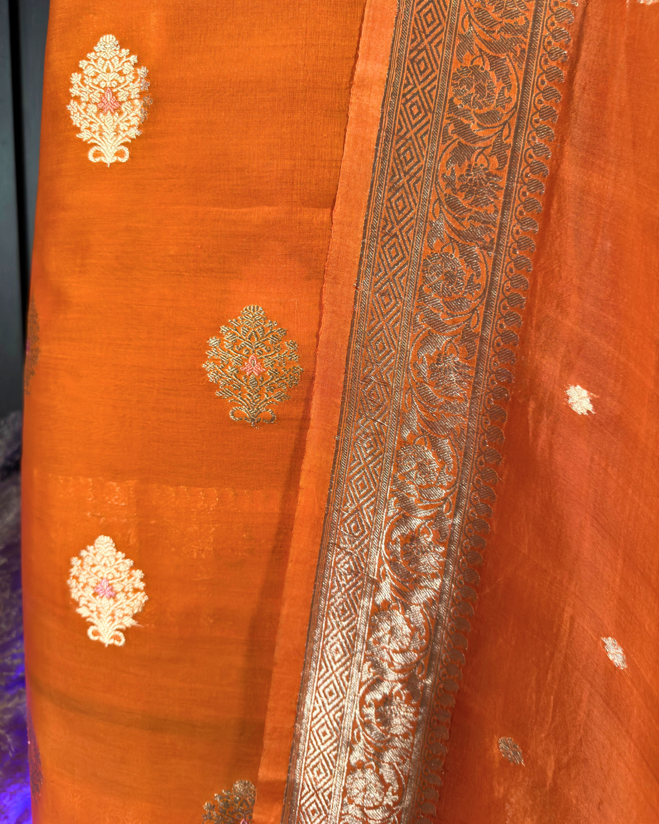 Orange Pure Banarasi Mercerised Kora Handloom Kadwa Suit Set with Dupatta