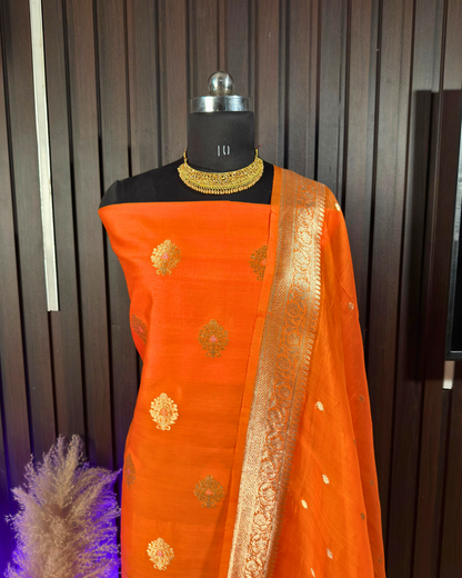 Orange Pure Banarasi Mercerised Kora Handloom Kadwa Suit Set with Dupatta