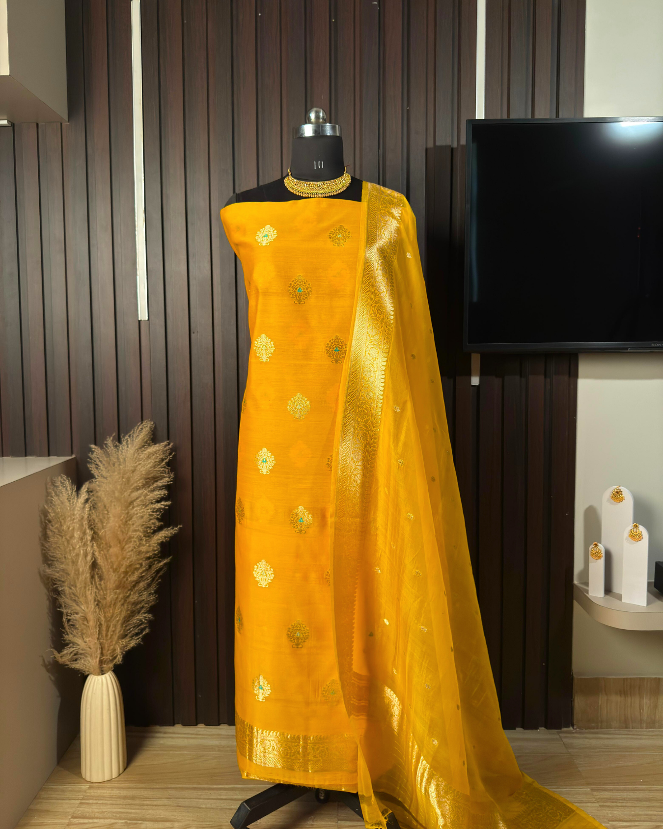 Yellow Pure Banarasi Mercerised Kora Handloom Kadwa Suit Set with Dupatta