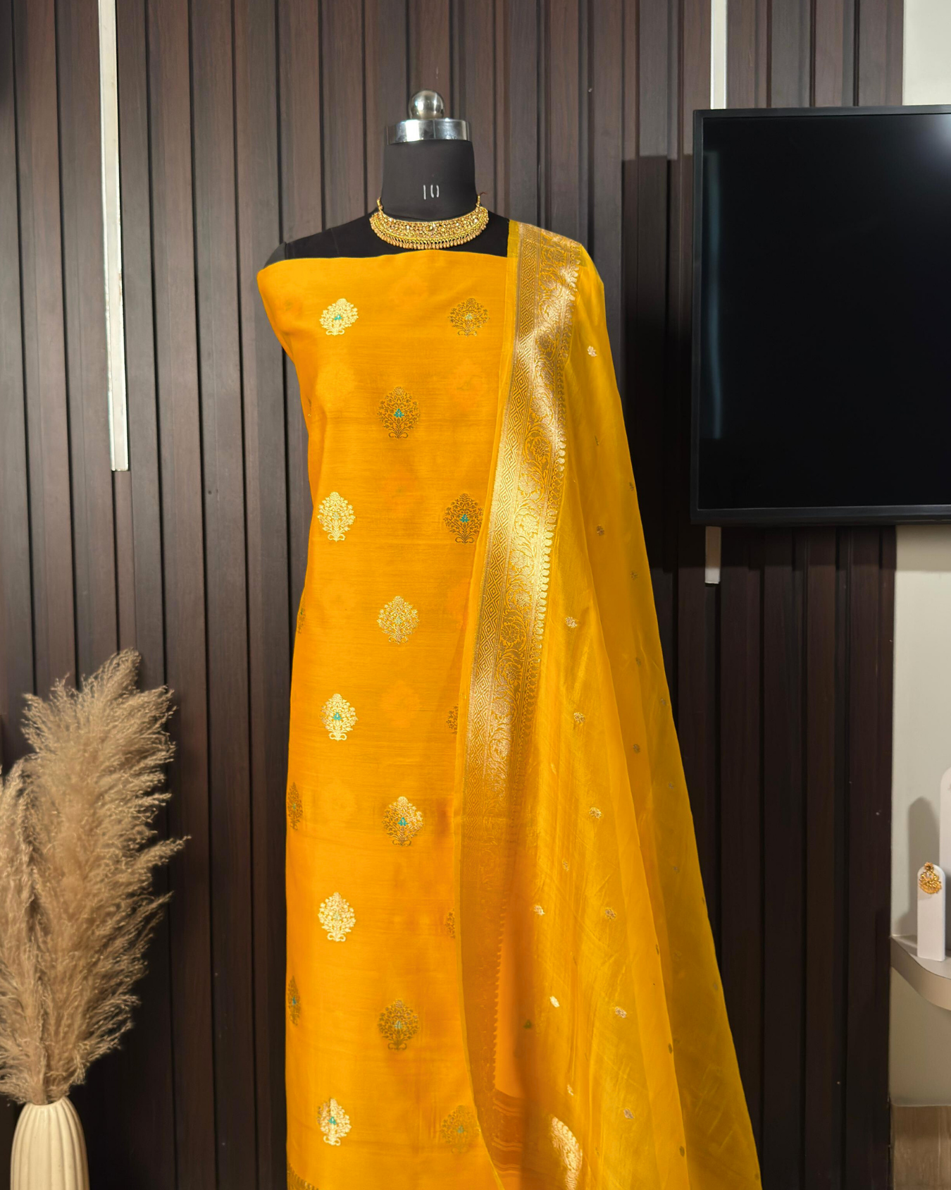 Yellow Pure Banarasi Mercerised Kora Handloom Kadwa Suit Set with Dupatta