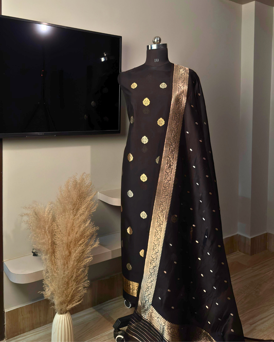 Black Pure Banarasi Mercerised Kora Handloom Kadwa Suit Set with Dupatta