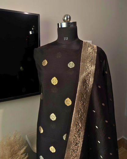 Black Pure Banarasi Mercerised Kora Handloom Kadwa Suit Set with Dupatta